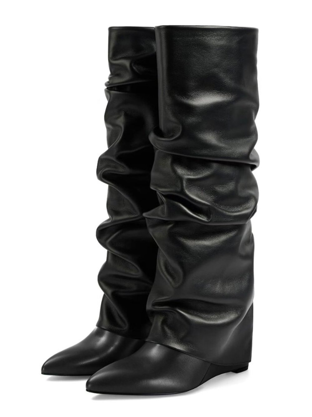 Women's Fold Over Boots Slouch Knee High Boots for Women Wedge Heel Pull-on
